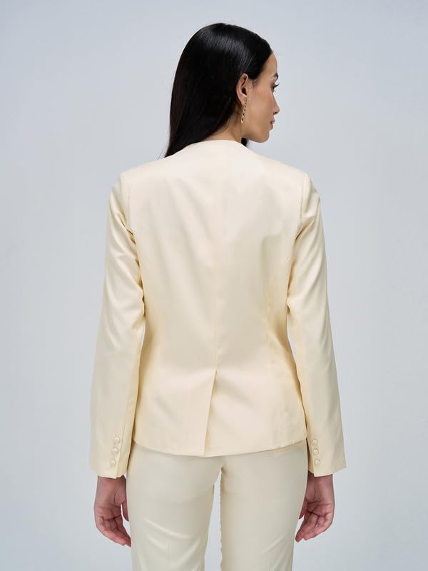 Salt Attire Women’s Single Breasted Blazer Coat – Solid Polyester, Cream, Casual Office Jacket - Image 5