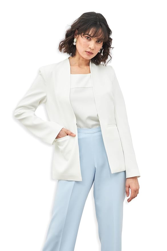 Salt Attire Women’s Open Front Blazer Coat – Solid Moss-Lycra, Cream, Casual Office Winter Jacket