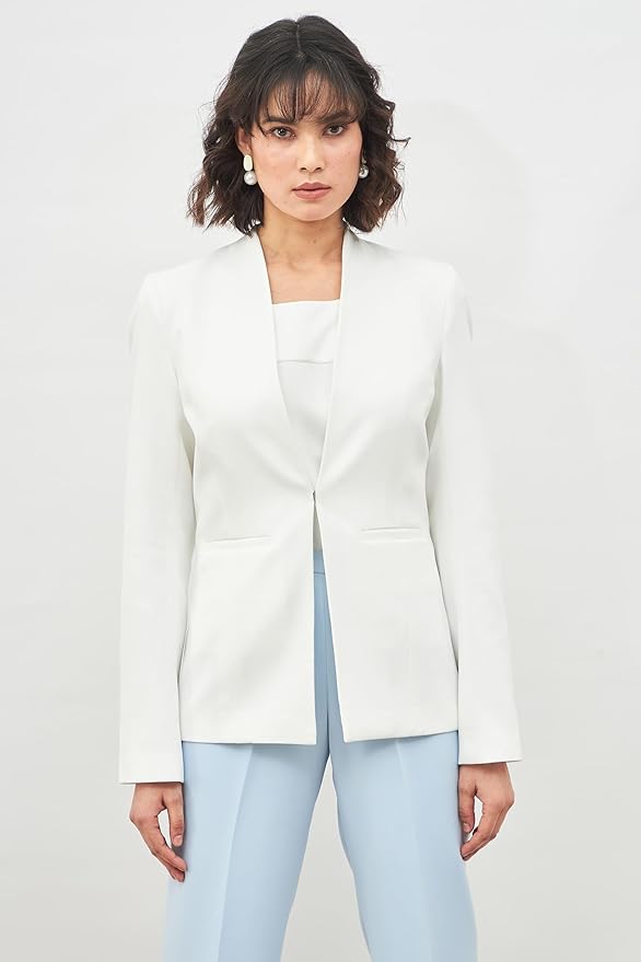 Salt Attire Women’s Open Front Blazer Coat – Solid Moss-Lycra, Cream, Casual Office Winter Jacket - Image 3