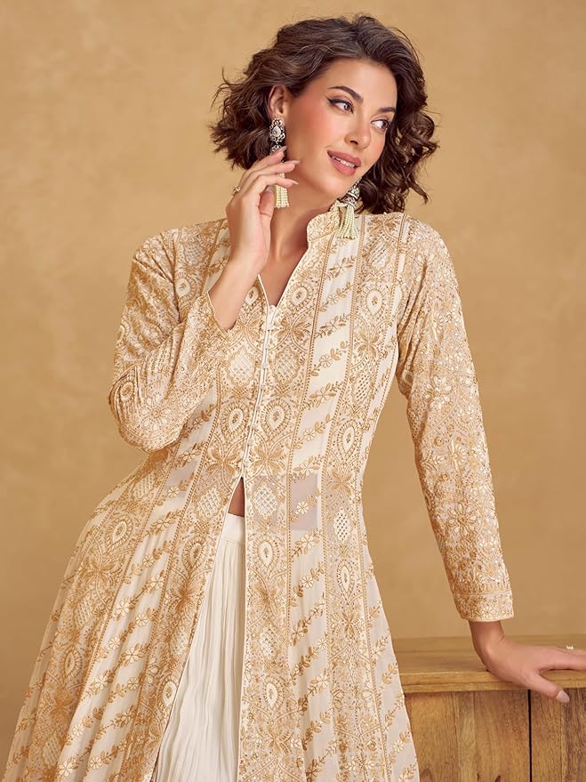 Women's Off White Chinon Stitched Top With Bottom and Dupatta Full Sleeve Embroidered Lehenga Set - Image 5
