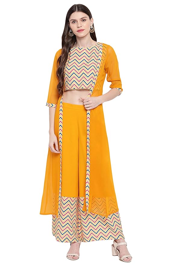 Women’s Yellow Zig Zag Crop Top with Palazzo and Jacket
