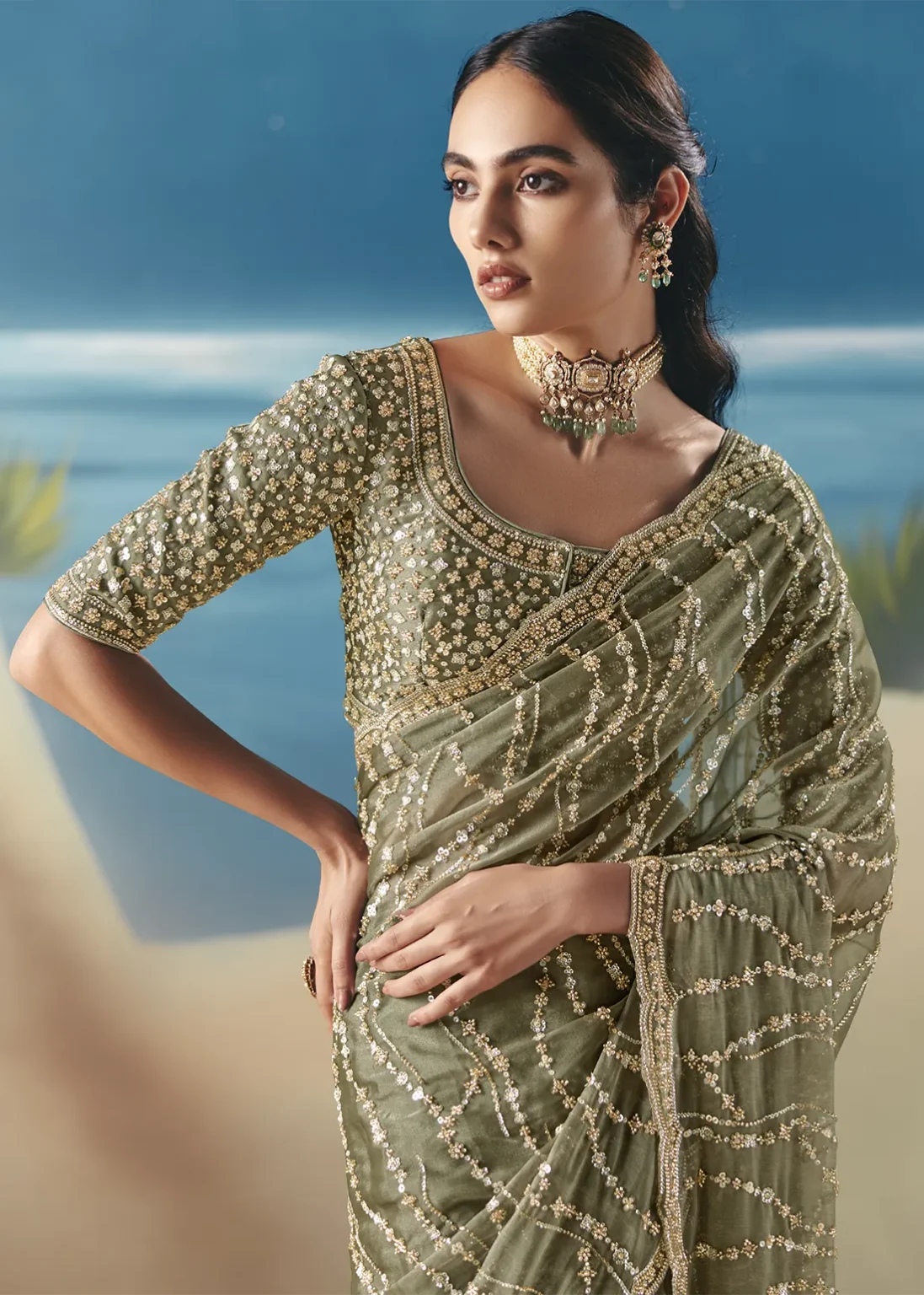 Designer Sage Green Embellished Saree with Sequin Work - Image 2