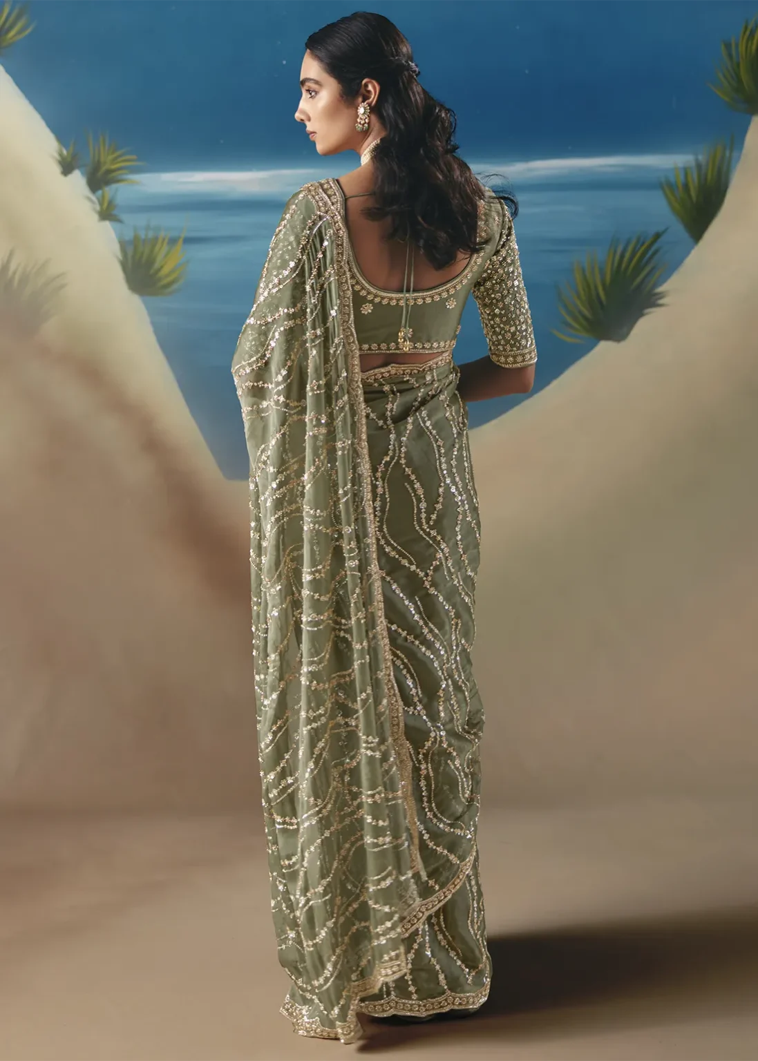Designer Sage Green Embellished Saree with Sequin Work - Image 3