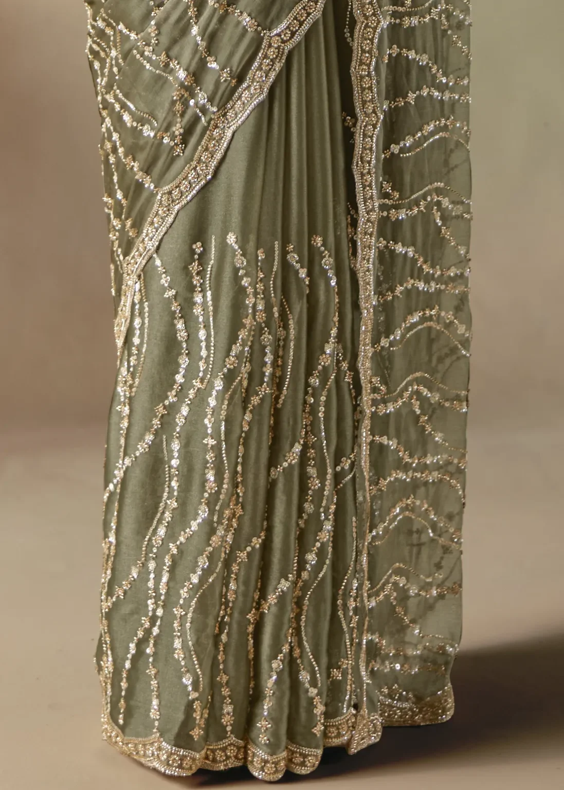 Designer Sage Green Embellished Saree with Sequin Work - Image 6